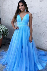 Sky Blue Spaghetti-Straps A-Line Tulle Sleeveless Formal Dresses-Dbrbridal