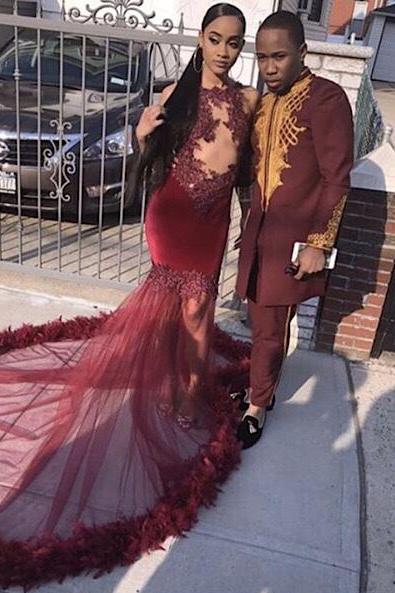 Sleeveless Applique Floor Length Burgundy Evening Gowns Slim Sweep Train Prom Gown-Dbrbridal
