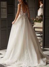 Sleeveless Chic A-line V-Neck Tulle Wedding Dress Appliques Lace Sweep Train-Dbrbridal