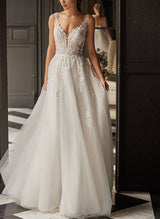 Sleeveless Chic A-line V-Neck Tulle Wedding Dress Appliques Lace Sweep Train-Dbrbridal