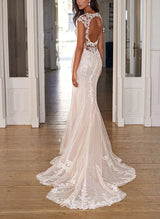 Sleeveless Elegant Sweetheart Mermaid Fitted Lace Tulle Wedding Dress Sweep Train-Dbrbridal