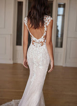 Sleeveless Elegant Sweetheart Mermaid Fitted Lace Tulle Wedding Dress Sweep Train-Dbrbridal