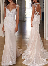 Sleeveless Elegant Sweetheart Mermaid Fitted Lace Tulle Wedding Dress Sweep Train-Dbrbridal