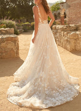 Sleeveless Lace Wedding Dresses Chic A-line V-Neck Sweep Train-Dbrbridal