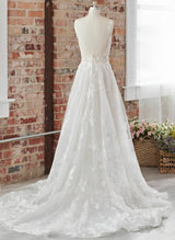 Sleeveless Lace Wedding Dresses Chic A-line V-Neck Sweep Train-Dbrbridal