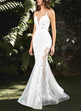 Sleeveless Mermaid Fitted Wedding Dresses Lace Appliques Sweep Train-Dbrbridal