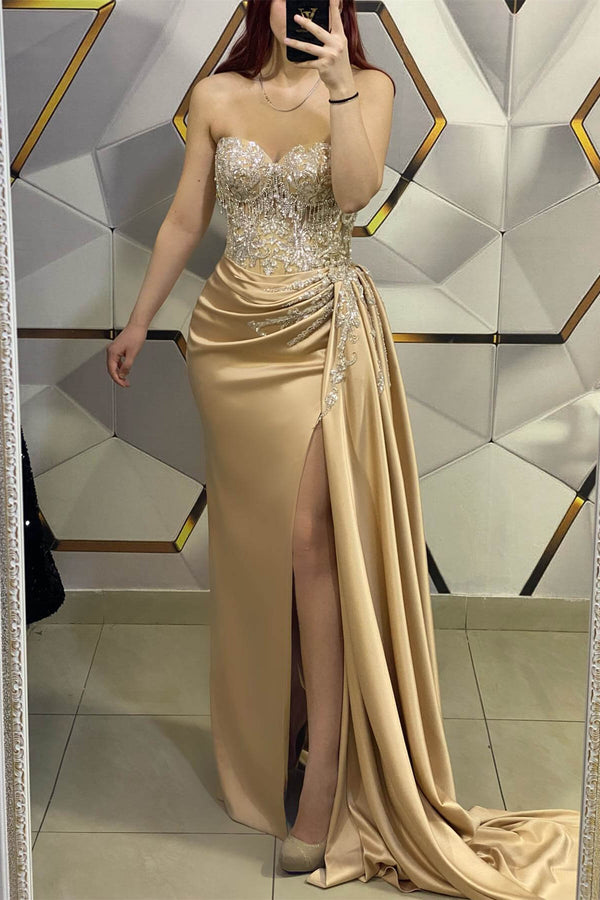Sleeveless Mermaid Prom Dresses with Gold Appliques and Split Ruffles-Dbrbridal
