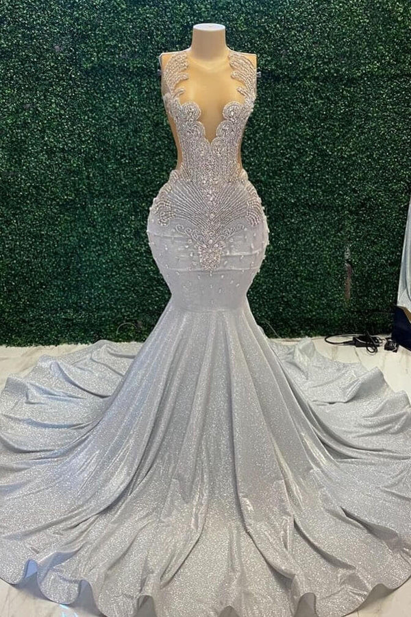 Sleeveless Silver Scoop Neck Mermaid Prom Dress with Beadings-Dbrbridal