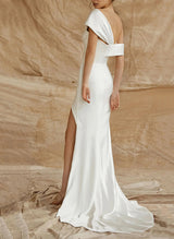 Sleeveless Sweep Train Silk Like Satin Wedding Dresses-Dbrbridal