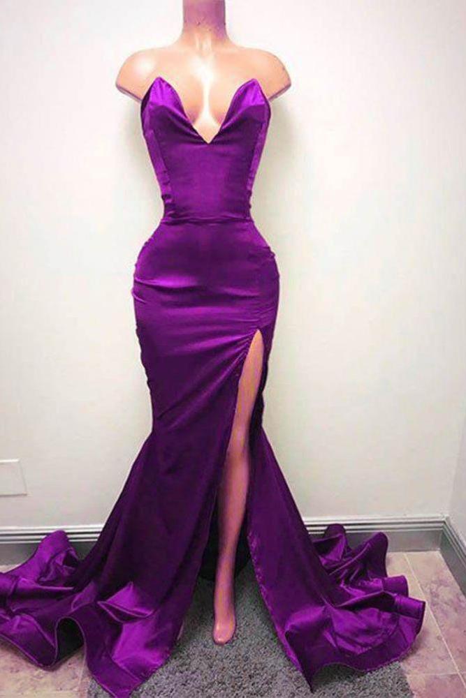 Sleeveless Sweetheart Front-Split Chic Sweep-Train Formal Dresses-Dbrbridal