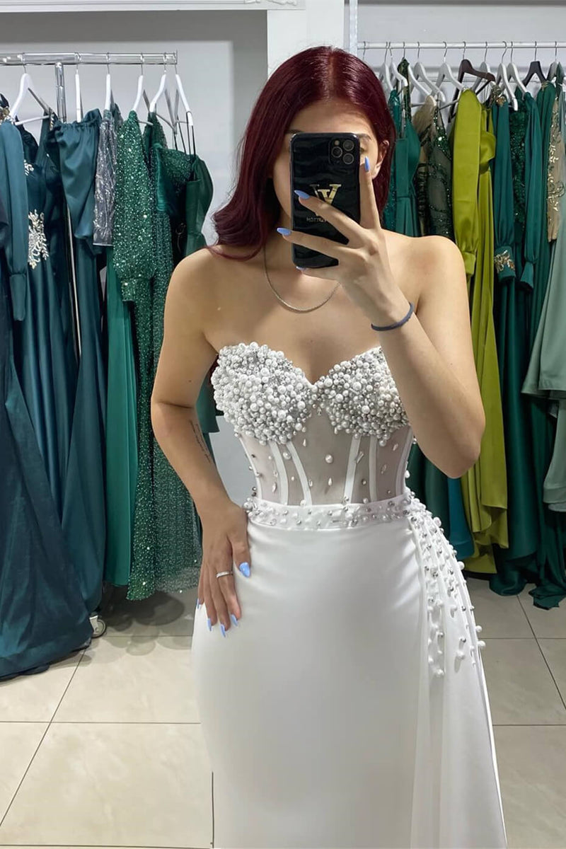 Sleeveless White Sweetheart Mermaid Prom Dress with Pearl Adornments and Ruffles-Dbrbridal