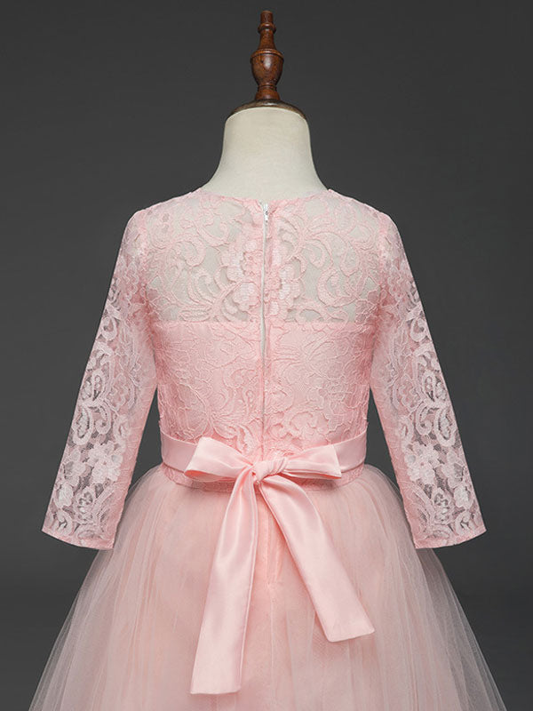 Soft Pink Kids Formal Dress Lace Half Sleeve Bows Tulle A-line Girls Pageant Party Dress