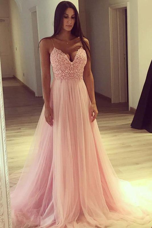 Spaghetti-Straps V-Neck Pink Formal DressesLong Tulle Party Gowns-Dbrbridal