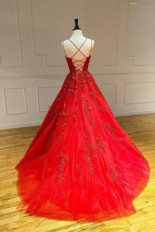 Spaghetti-Strapss Floral Lace Aline Evening Gown Sleeveless Formal Dresses-Dbrbridal