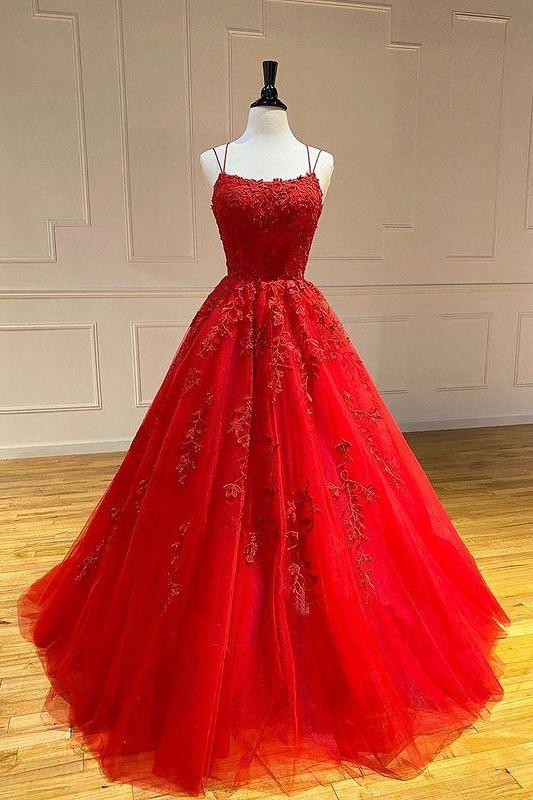 Spaghetti-Strapss Floral Lace Aline Evening Gown Sleeveless Formal Dresses-Dbrbridal