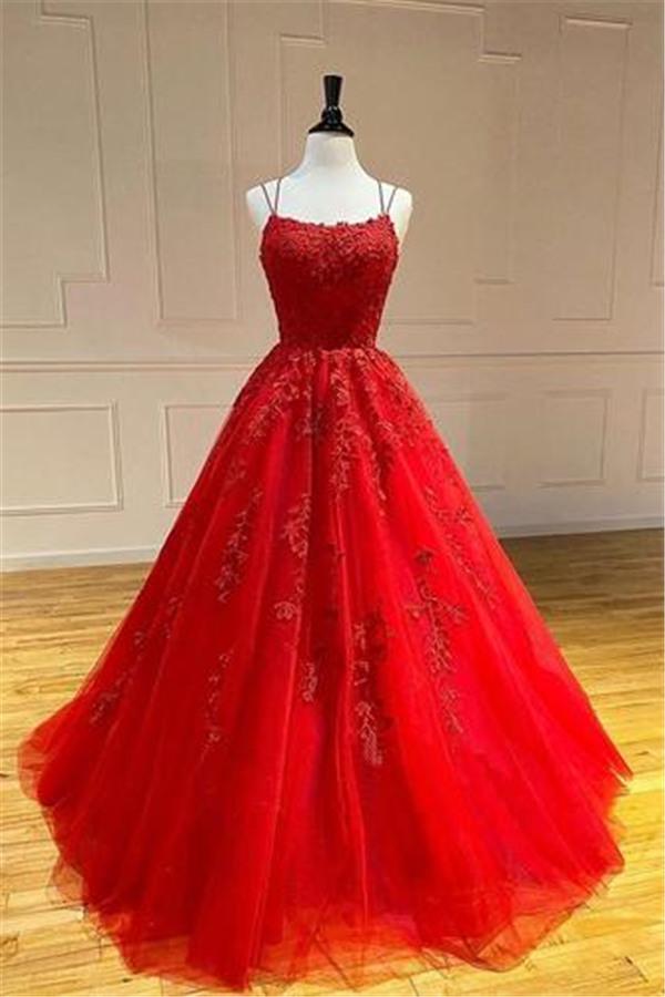 Spaghetti-Strapss Floral Lace Aline Evening Gown Sleeveless Formal Dresses-Dbrbridal