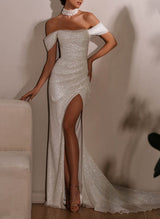 Sparkling Off-The-Shoulder Sleeveless Court Train Wedding Dresses-Dbrbridal