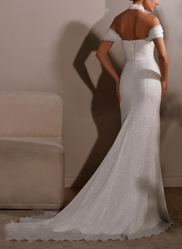 Sparkling Off-The-Shoulder Sleeveless Court Train Wedding Dresses-Dbrbridal