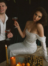 Sparkling One-Shoulder Long Sleeves Trumpet Mermaid Fitted Wedding Dresses-Dbrbridal