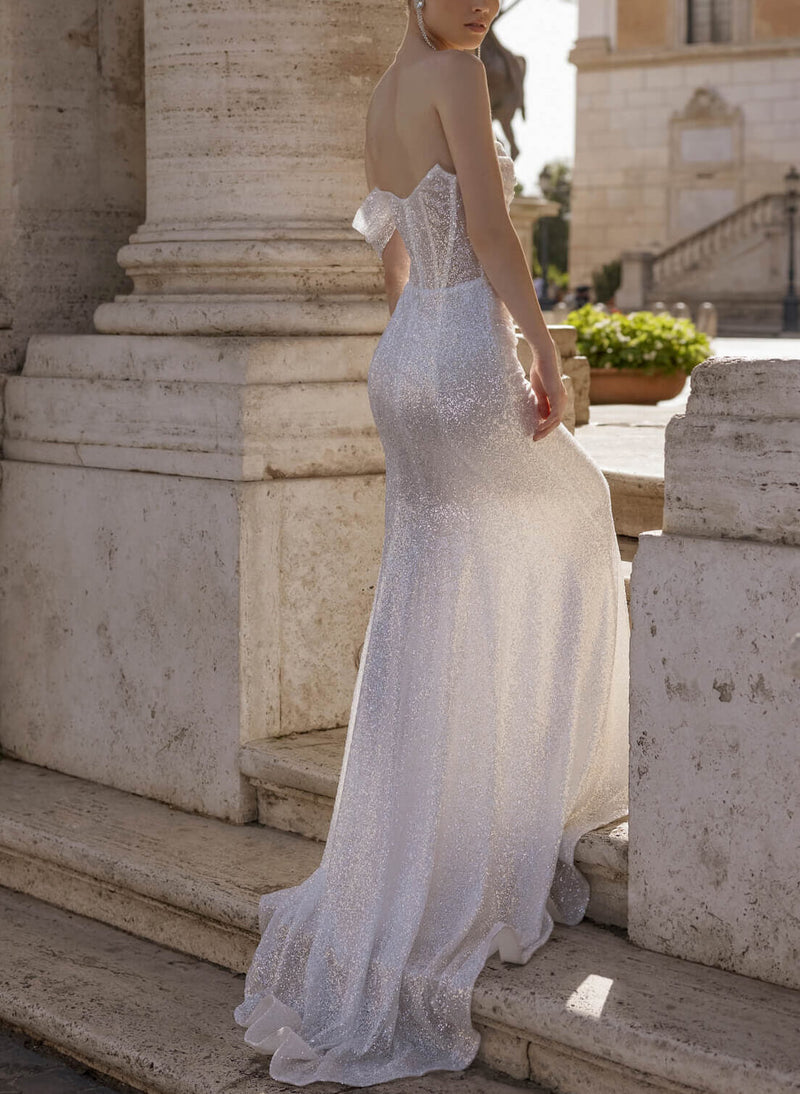 Sparkling One-Shoulder Long Sleeves Trumpet Mermaid Fitted Wedding Dresses-Dbrbridal