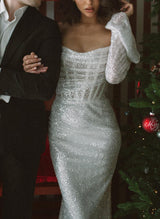 Sparkling One-Shoulder Long Sleeves Trumpet Mermaid Fitted Wedding Dresses-Dbrbridal