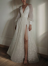 Sparkly Long Sleeves V-Neck Chic A-line Sweep Train Wedding Dress-Dbrbridal