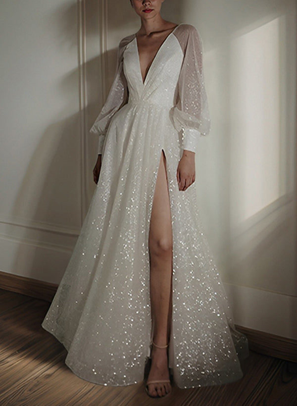 Sparkly Long Sleeves V-Neck Chic A-line Sweep Train Wedding Dress-Dbrbridal