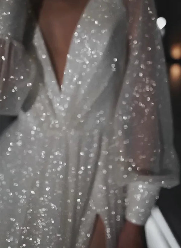 Sparkly Long Sleeves V-Neck Chic A-line Sweep Train Wedding Dress-Dbrbridal