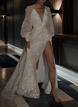 Sparkly Long Sleeves V-Neck Chic A-line Sweep Train Wedding Dress-Dbrbridal