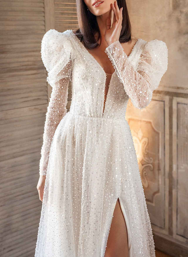 Sparkly Sequined Wedding Dress Long Sleeves Split Front-Dbrbridal