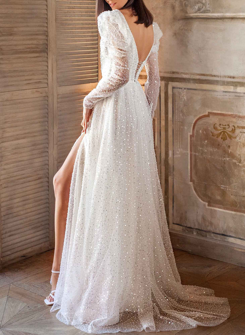 Sparkly Sequined Wedding Dress Long Sleeves Split Front-Dbrbridal