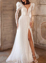 Sparkly Sequined Wedding Dress Long Sleeves Split Front-Dbrbridal
