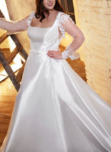 Square Neckline Chic A-line Wedding Dress Long Sleeves in Lace Satin-Dbrbridal