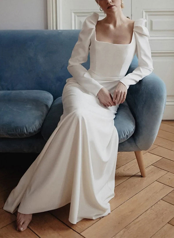 Square Neckline Long Sleeves Sheath Fitted Elastic Satin Wedding Dress –  Dbrbridal