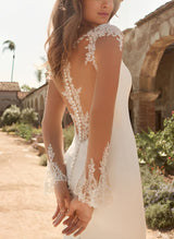 Square Neckline Long Sleeves Sweep Train Wedding Dresses Appliques Lace-Dbrbridal