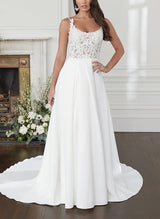 Square Neckline Sleeveless Lace Wedding Dress Front Split-Dbrbridal
