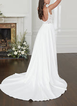 Square Neckline Sleeveless Lace Wedding Dress Front Split-Dbrbridal