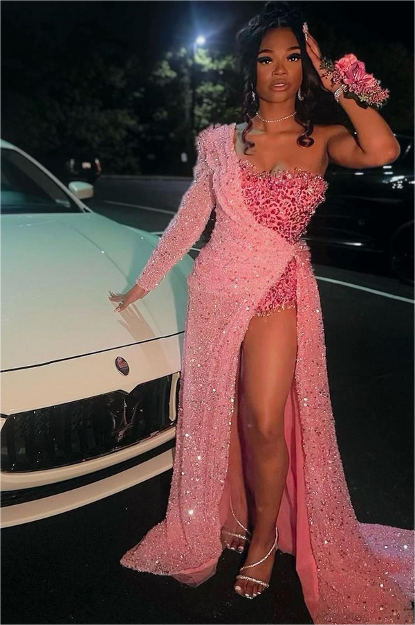 Strapless One Shoulder Sequins Chapel Train Front Side Prom Dress-Dbrbridal