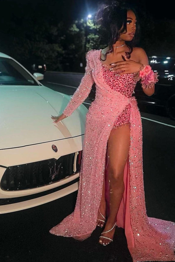 Strapless One Shoulder Sequins Chapel Train Front Side Prom Dress-Dbrbridal