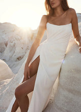 Strapless Sleeveless Mermaid Fitted Wedding Dress Sweep Train Elastic Satin Split Front-Dbrbridal