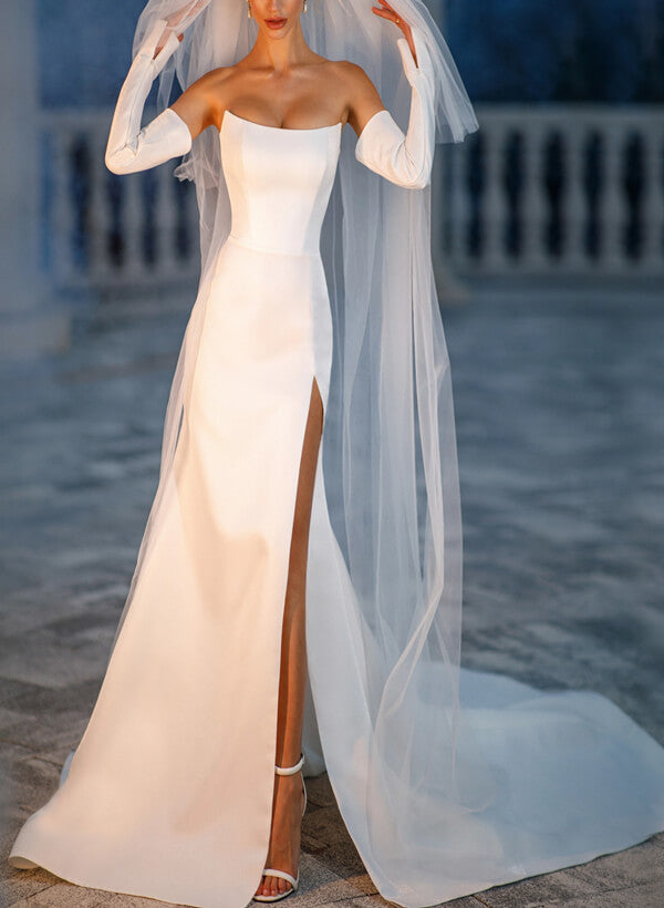 Sweeping Train Strapless Sleeveless Satin Sweep Train Wedding Dress – Dbrbridal