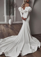 Strapless Trumpet Mermaid Fitted Wedding Dress Long Sleeves Elastic Satin Beading-Dbrbridal
