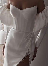 Strapless Trumpet Mermaid Fitted Wedding Dress Long Sleeves Elastic Satin Beading-Dbrbridal