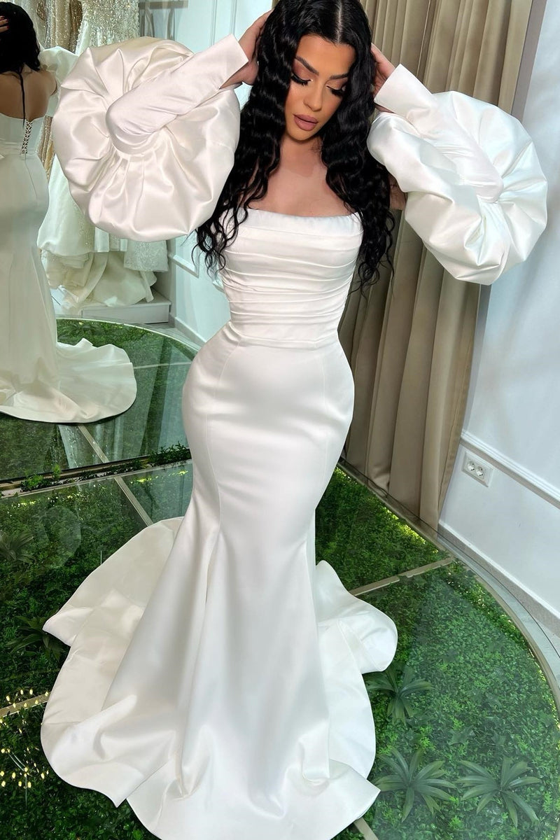 Strapless White Mermaid Prom Dress Lace-Up Back Detachable Sleeves-Dbrbridal