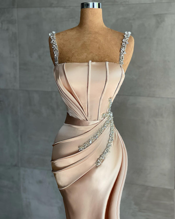 Straps Long Mermaid Prom Dress Split Ball Dresses Beadings-Dbrbridal