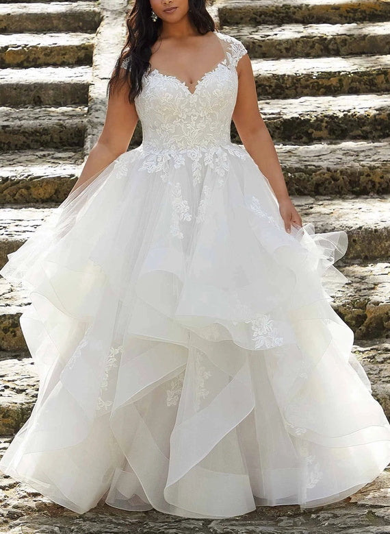 Stunning Elegant Lace Wedding Dresses Cascading Ruffles-Dbrbridal