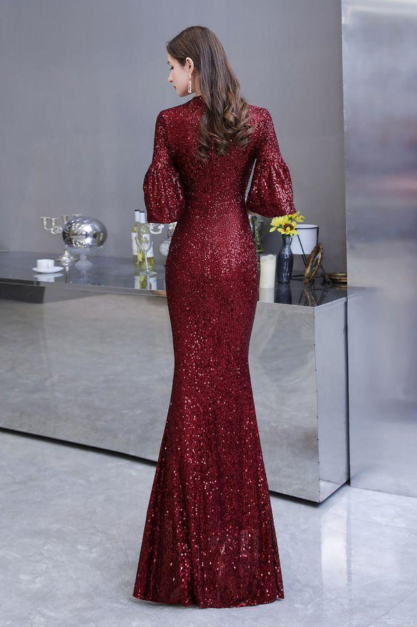 Stunning Half SleevesLong Burgundy Evening Gowns Keyhole Mermaid Formal Dresses-Dbrbridal