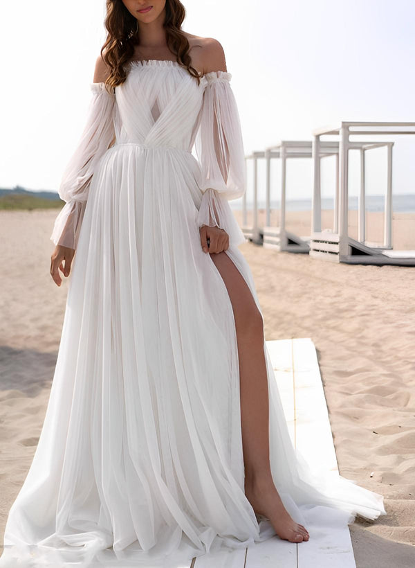 Summer Beach Boho Garden Strapless Long Sleeves Sweep Train Tulle Wedding Dresses Split Front-Dbrbridal
