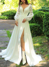 Sweep Train Chiffon Lace Wedding Dress Chic A-line V-Neck Long Sleeves-Dbrbridal
