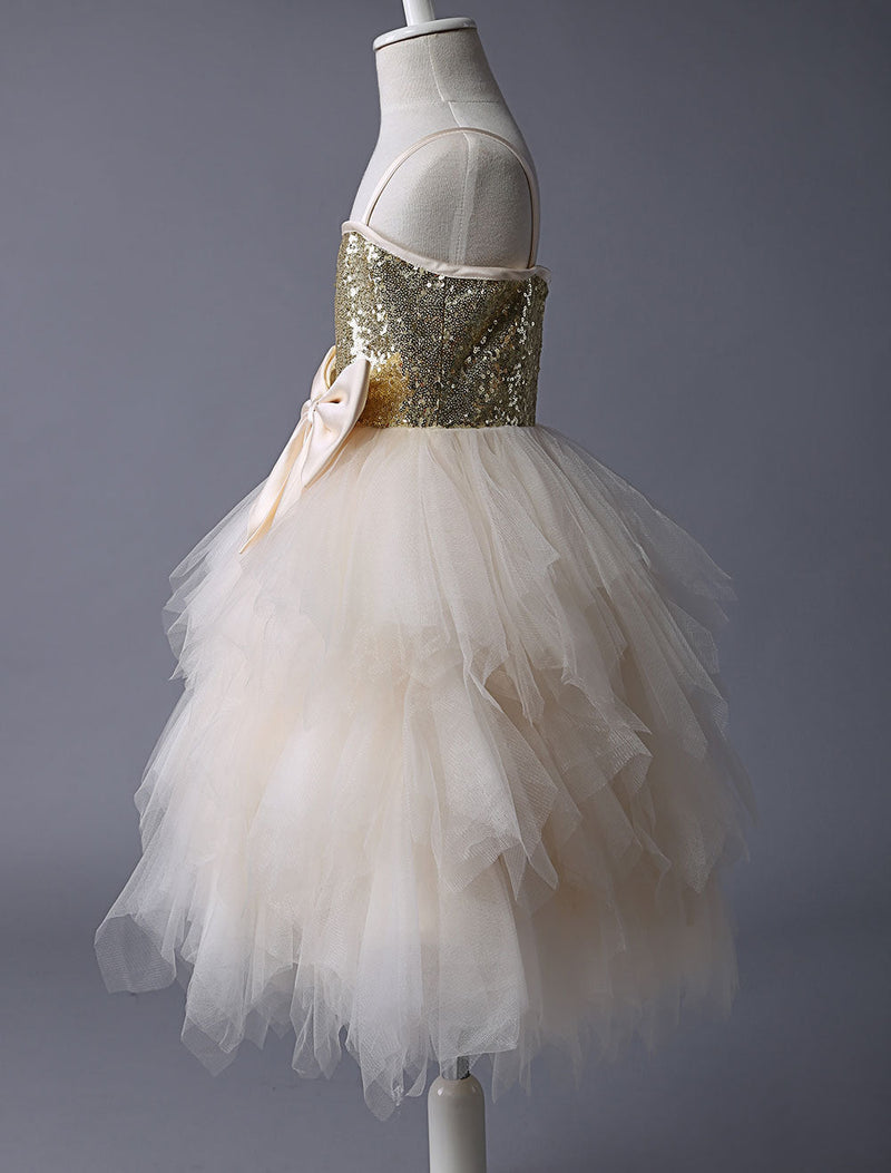 Thin Straps Gold Sequin Champagne Tulle Ruffle flower girl dress-Dbrbridal